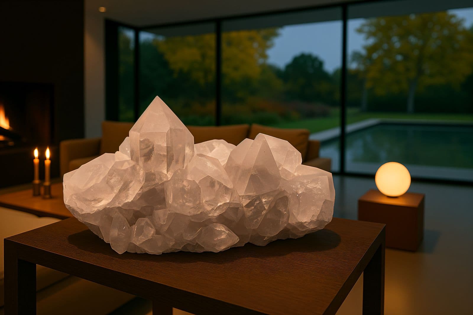 Bergkristall in modernem Wohnraum mit Kamin