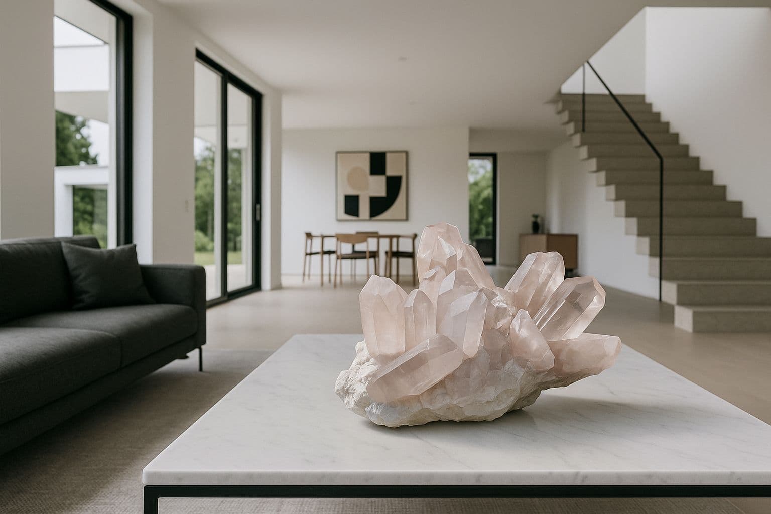 Rosenquarz auf Marmortisch in minimalistischem Interieur